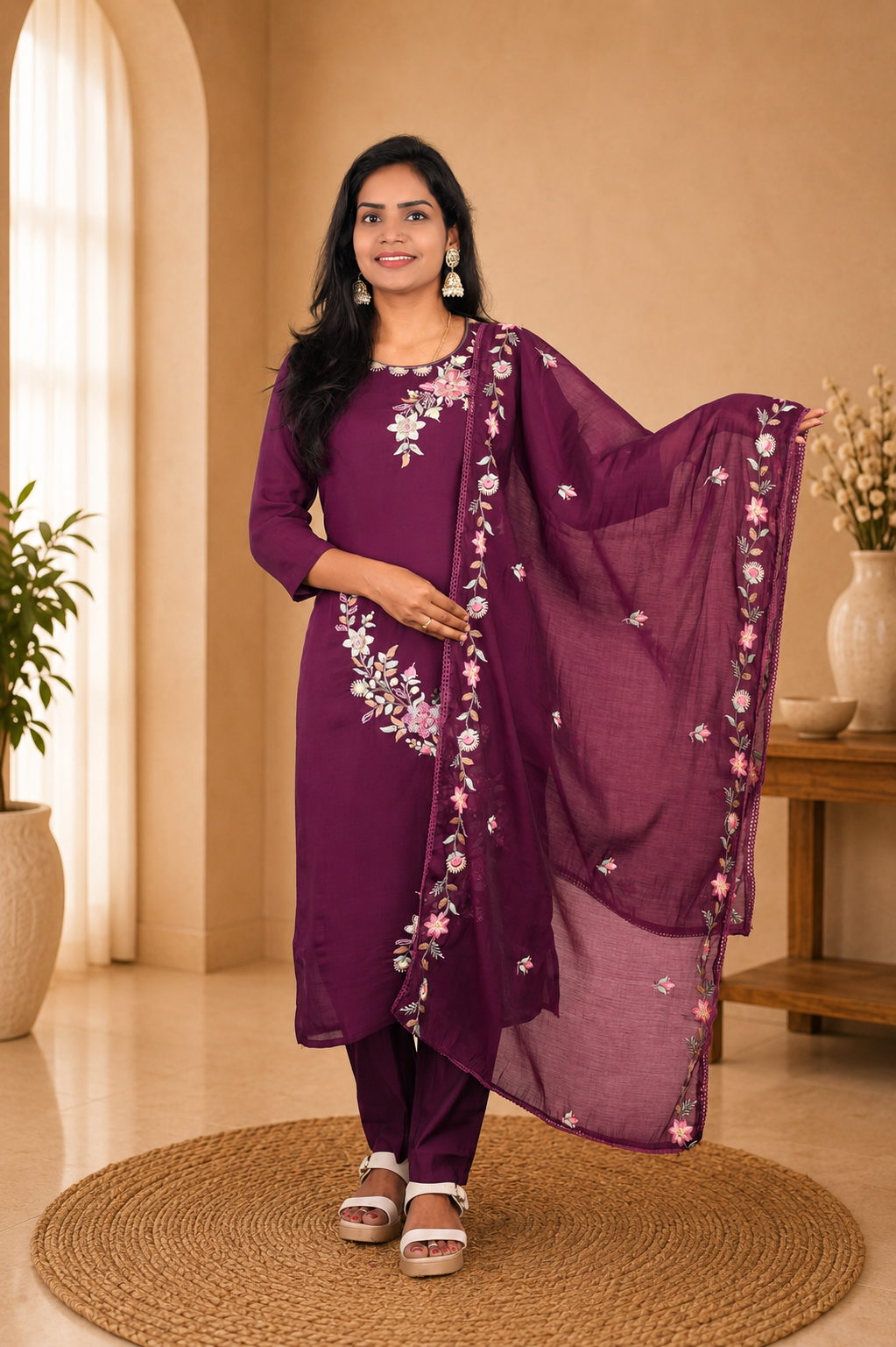 Plum Purple Color Mul Chanderi Party Wear 3 Piece set With Complete Lining