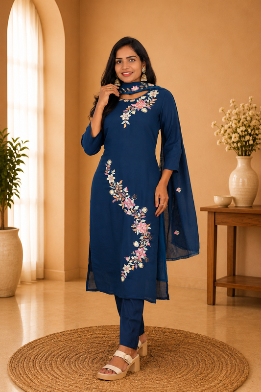 Blue Color Mul Chanderi Party Wear 3 Piece set With Complete Lining