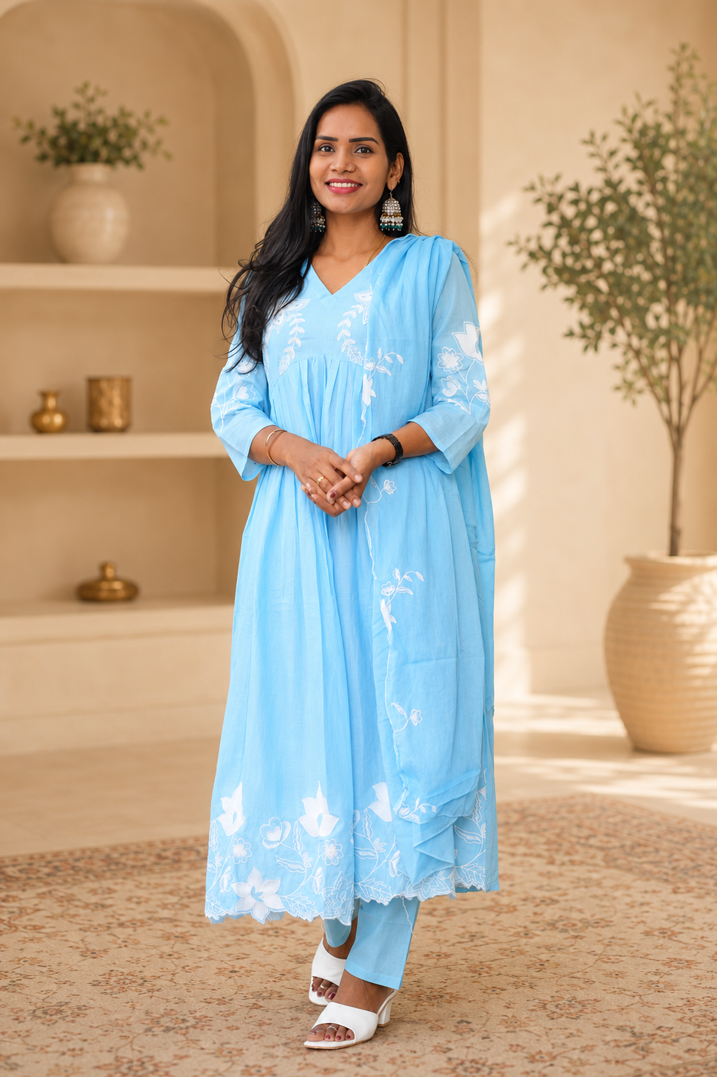 Powder Blue Color Mul cotton 3 Piece Set With Embroidery and Complete Lining