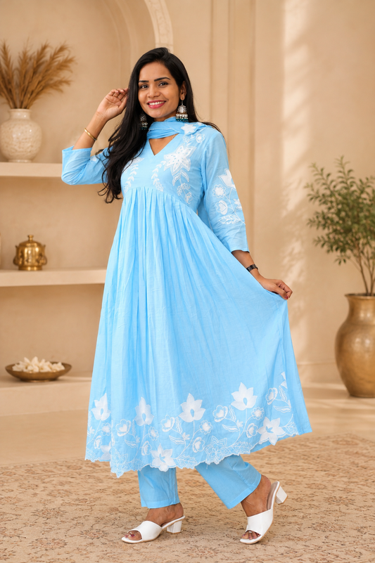 Powder Blue Color Mul cotton 3 Piece Set With Embroidery and Complete Lining