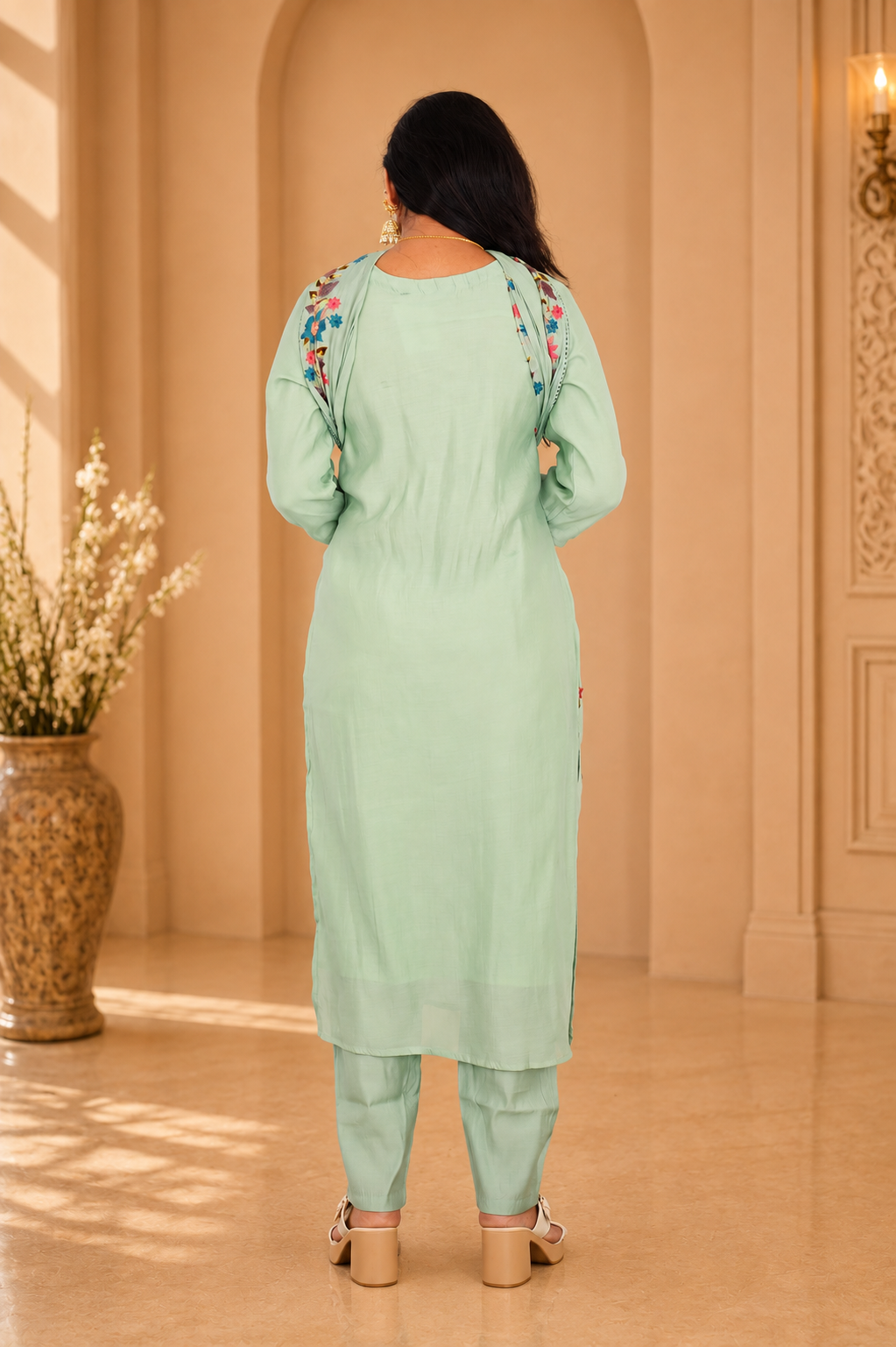 Sage Green Color Mul Chanderi Party Wear 3 Piece set With Complete Lining
