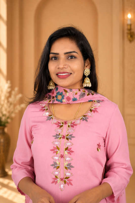 Baby Pink Color Mul Chandheri Party Wear 3 Piece set With Complete Lining