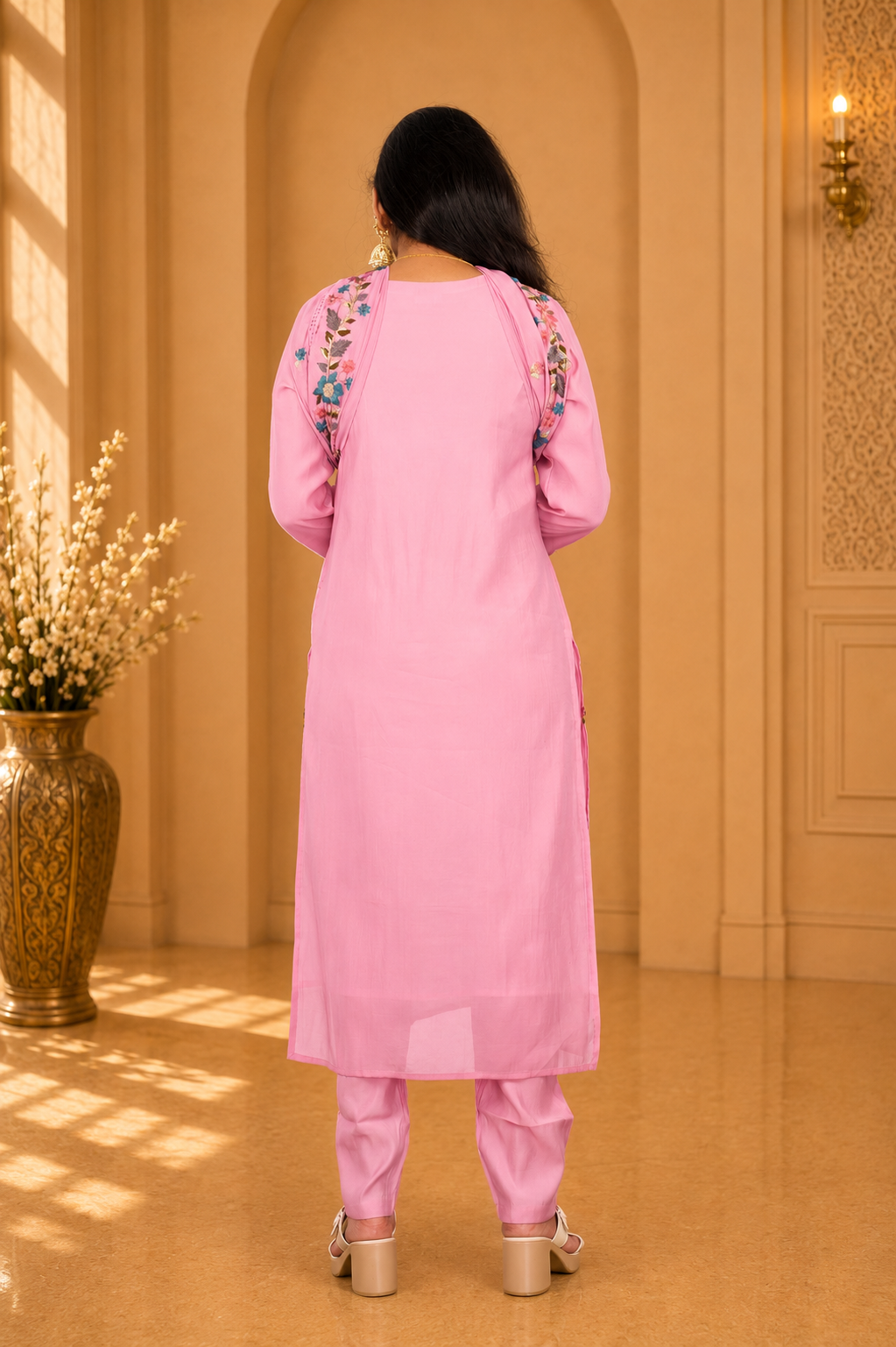 Baby Pink Color Mul Chandheri Party Wear 3 Piece set With Complete Lining