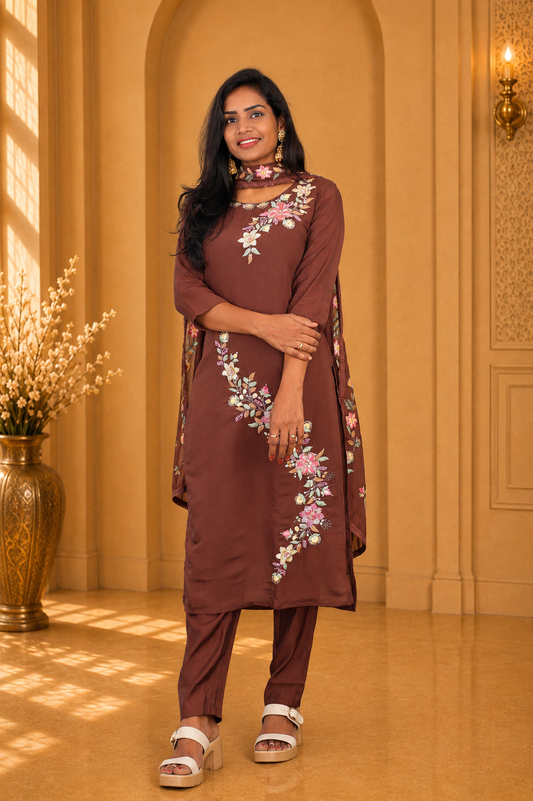 Brown Color Mul Chanderi Party Wear 3 Piece set With Complete Lining