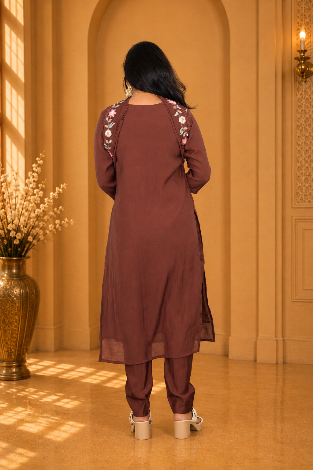 Brown Color Mul Chanderi Party Wear 3 Piece set With Complete Lining