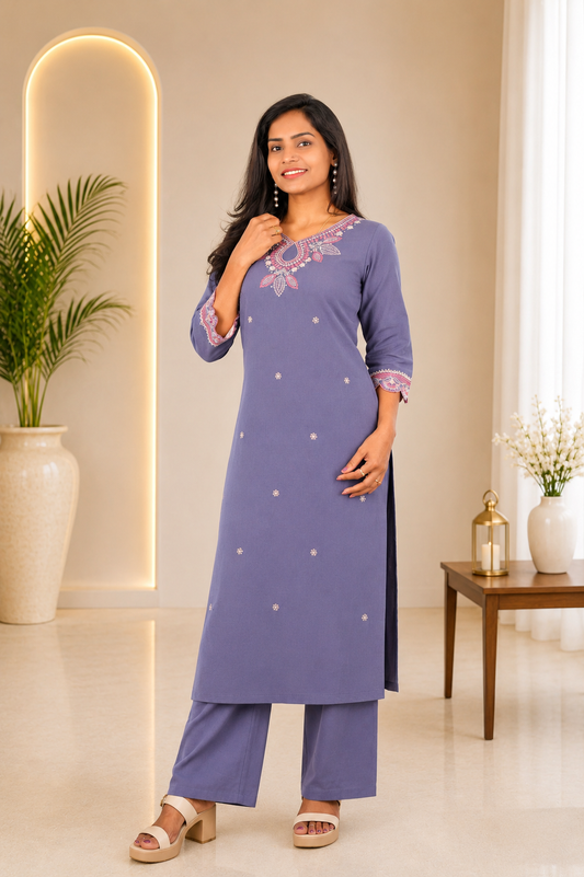 Blue Color Jaipur Cotton Office Wear Cordset With Embriodary Work