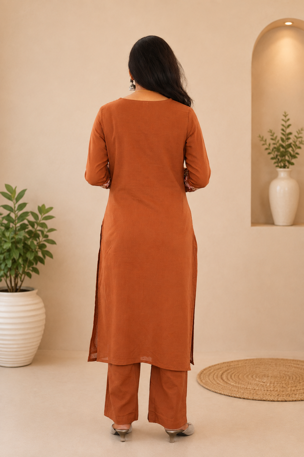 Rust Orange Jaipur Cotton Cordset With Heavy Embrioday Work