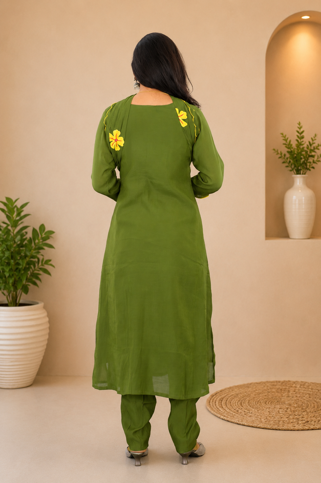 Olive Green Color Mul Chanderi Party Wear 3 Piece Set With Complete Lining and Roman Pant