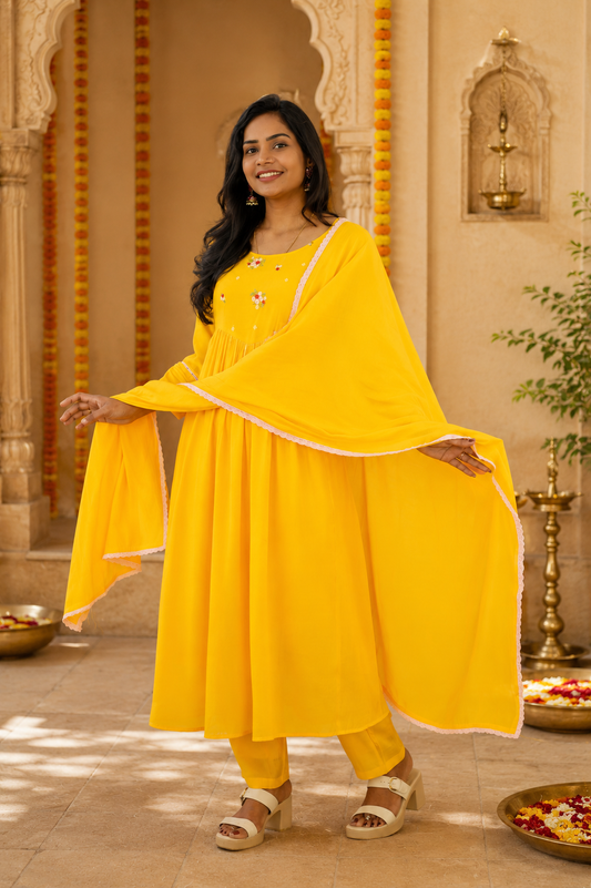 Yellow Color Mul Chandher Party Wear 3 Piece Set With Embriodary and Complete Lining