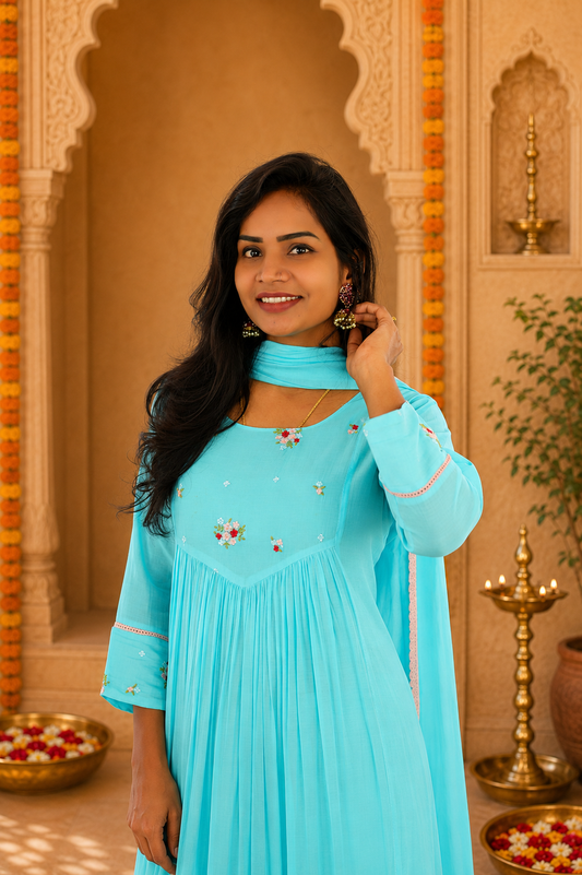 Aqua Blue Color Mul Chandher Party Wear 3 Piece Set With Embriodary and Complete Lining