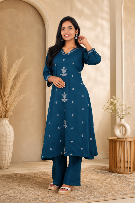 Teal Blue Color Jaipur Cotton Cordset With Embriodary work