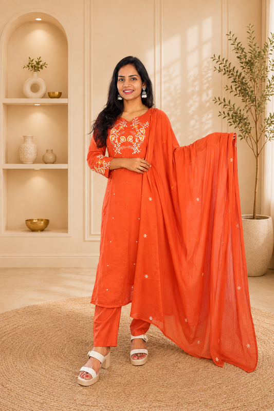 Orange Color Mul Cotton 3 Piece Set With Heavy Embroidery work and Complete Lining