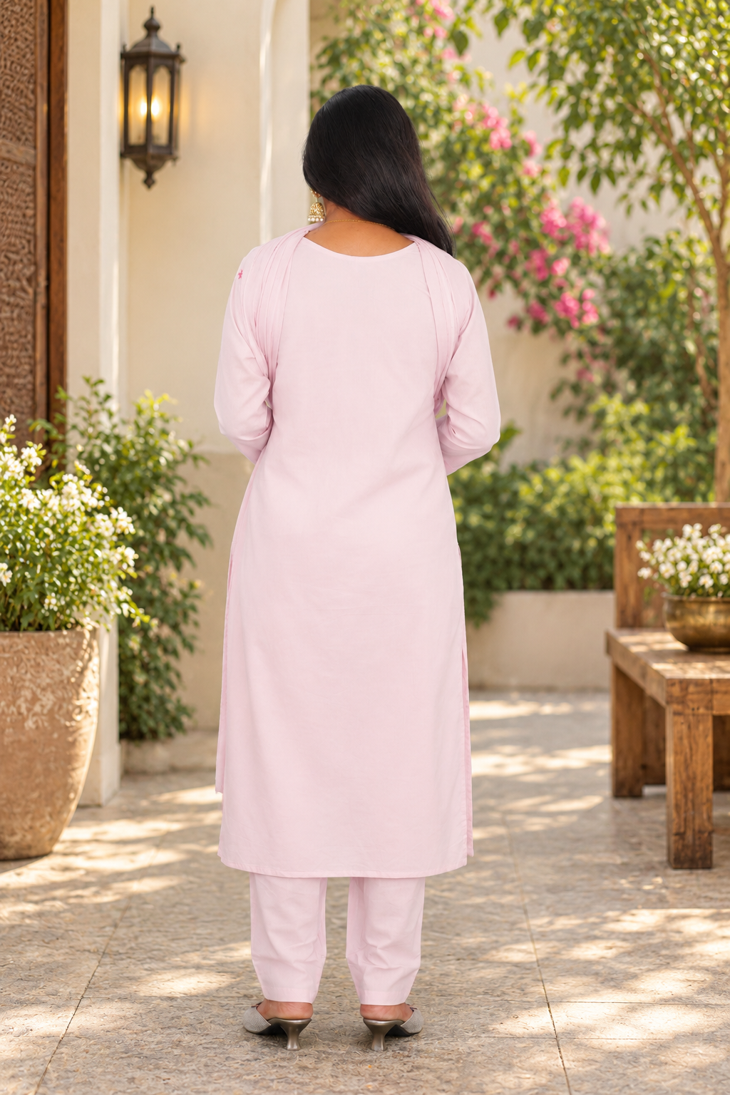 Pastel Blush Pink Mul Cotton 3-Piece Set with Floral Embroidery & Lining