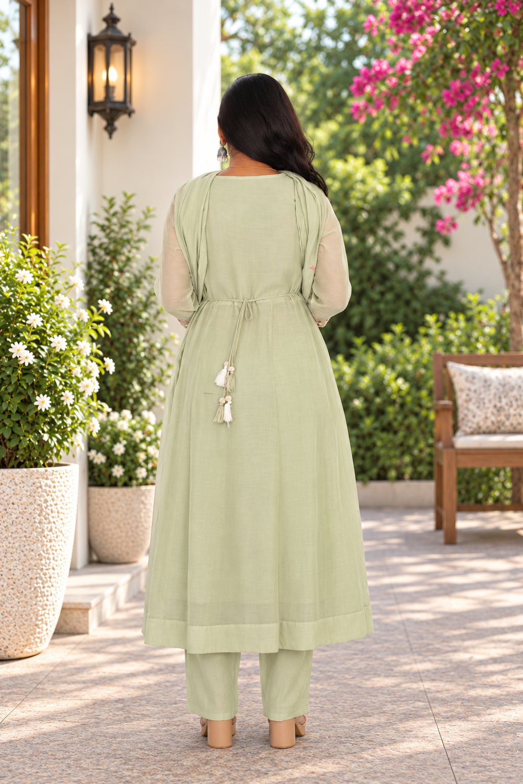 Pastel Sage Green Mul Chanderi Festive Wear 3-Piece Set with Embroidery & Lining