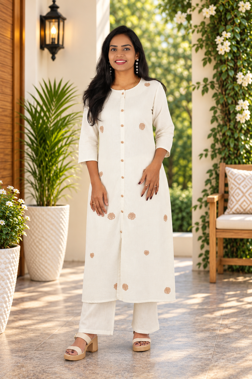 Ivory Cream Jaipur Cotton Embroidered Cord Set
