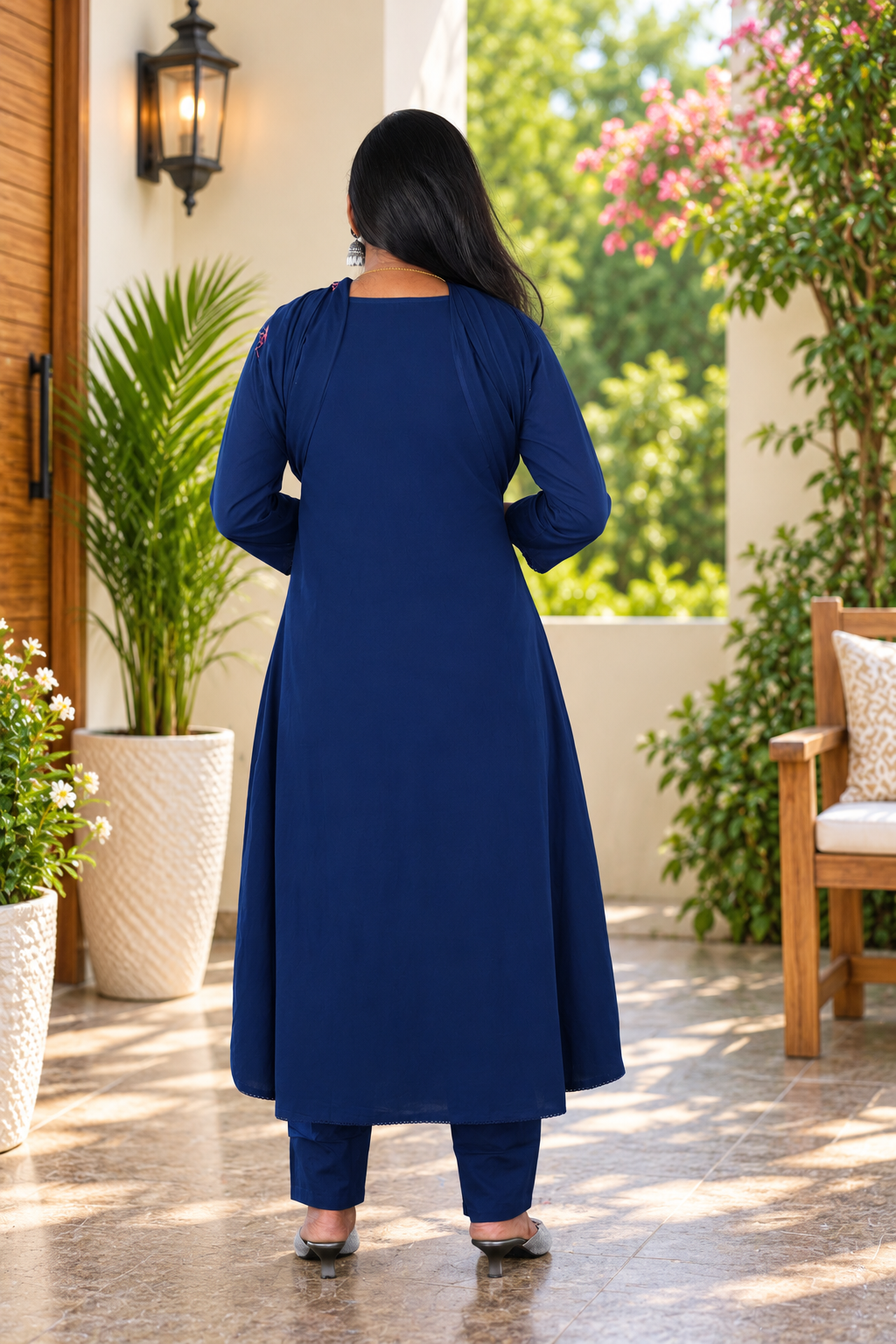 Navy Blue Mul Cotton Floral Embroidered 3-Piece Kurta Set