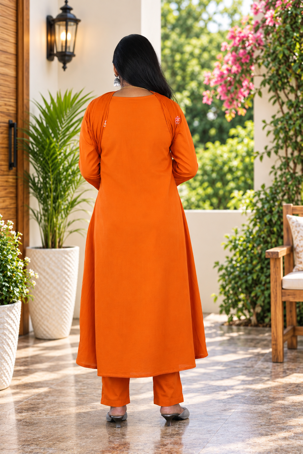 Vibrant Orange Mul Cotton Floral Embroidered 3-Piece Kurta Set