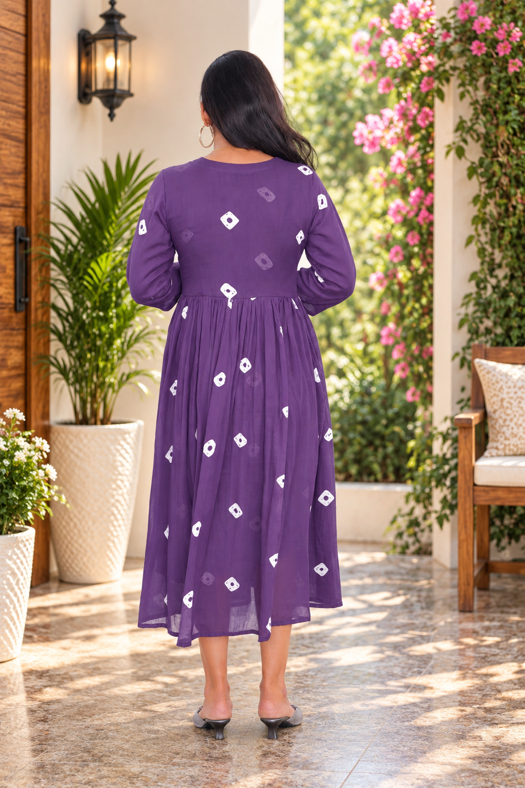 Purple Mul Cotton Embroidered Midi Frock with Full Lining