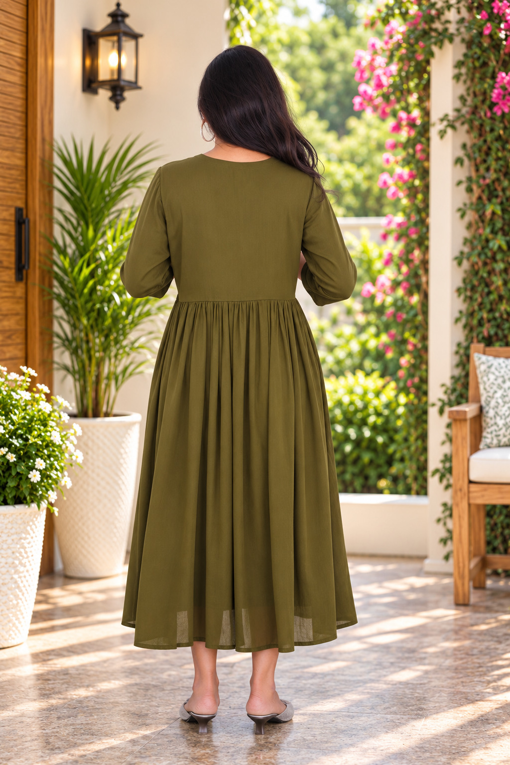 Olive Green Mul Cotton Embroidered Midi Frock with Full Lining