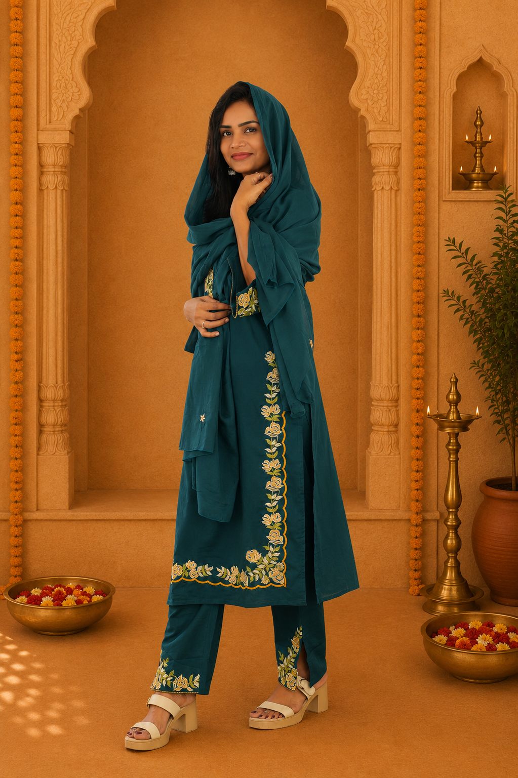 Teal Green Jaipur Cotton 3 Piece Set With heavy Embroidery Work and Lining