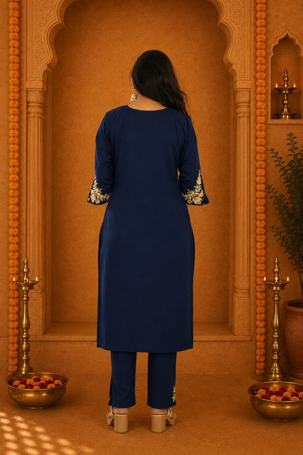 Navy Blue Jaipur Cotton 3 Piece Set With heavy Embroidery Work and Complete Lining