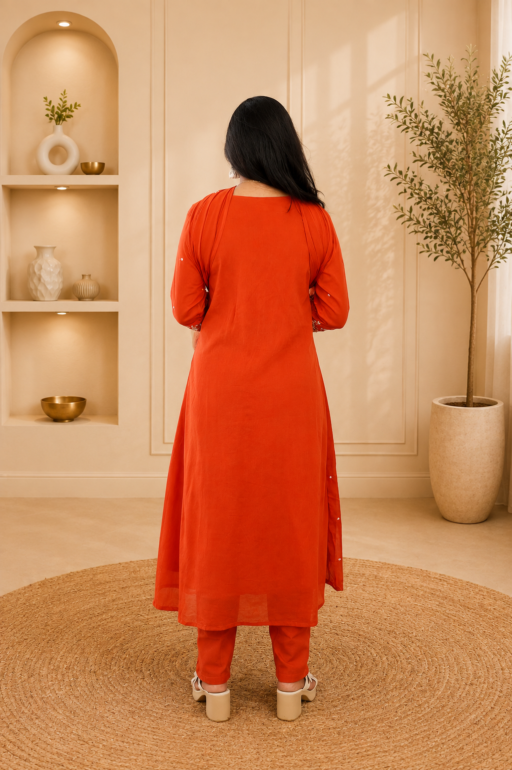 Orange Color Mul Cotton 3 Piece Set With Heavy Embroidery work and Complete Lining