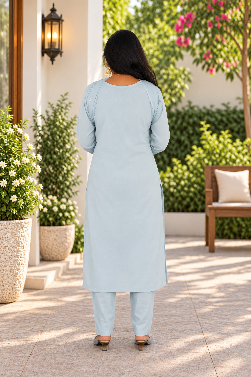 Pastel Powder Blue Mul Cotton 3-Piece Set with Floral Embroidery & Lining