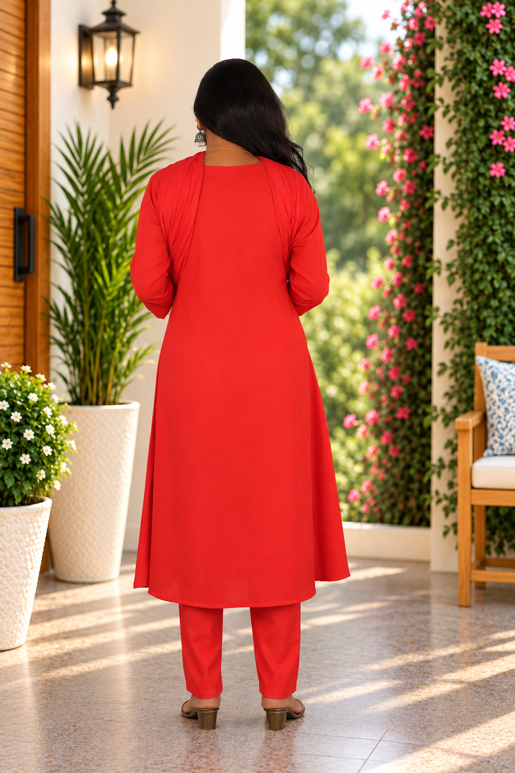 Bright Red Jaipur Cotton Designer Embroidered 3 Piece Set With Lining