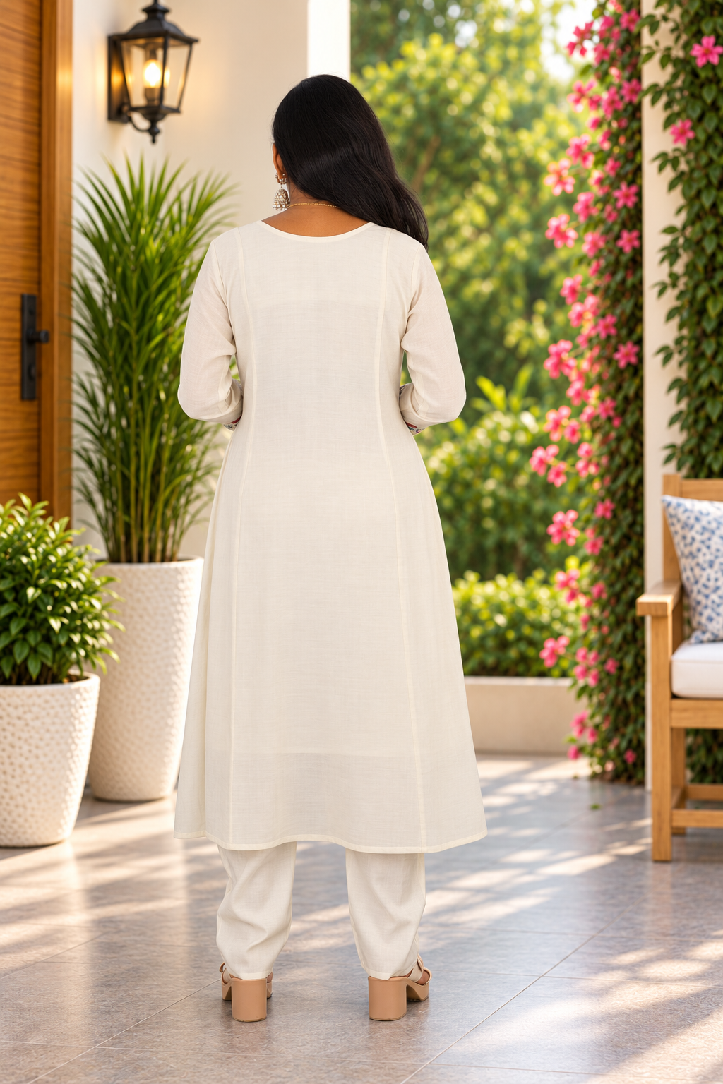 Ivory Cream Mul Chanderi Embroidered 3-Piece Set with Lining