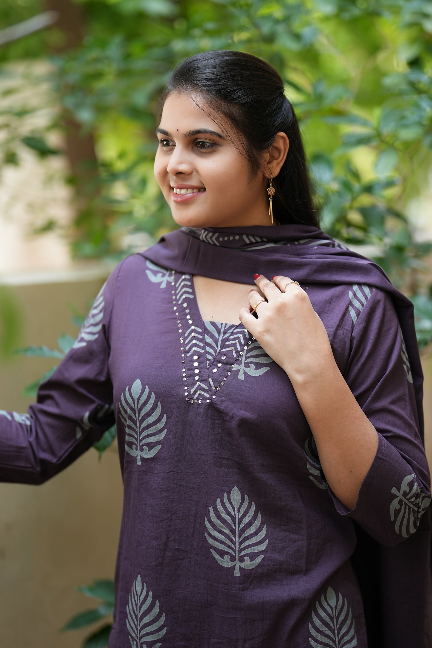 Purple Color Straight Cut V Neck Cotton 3 Piece Set