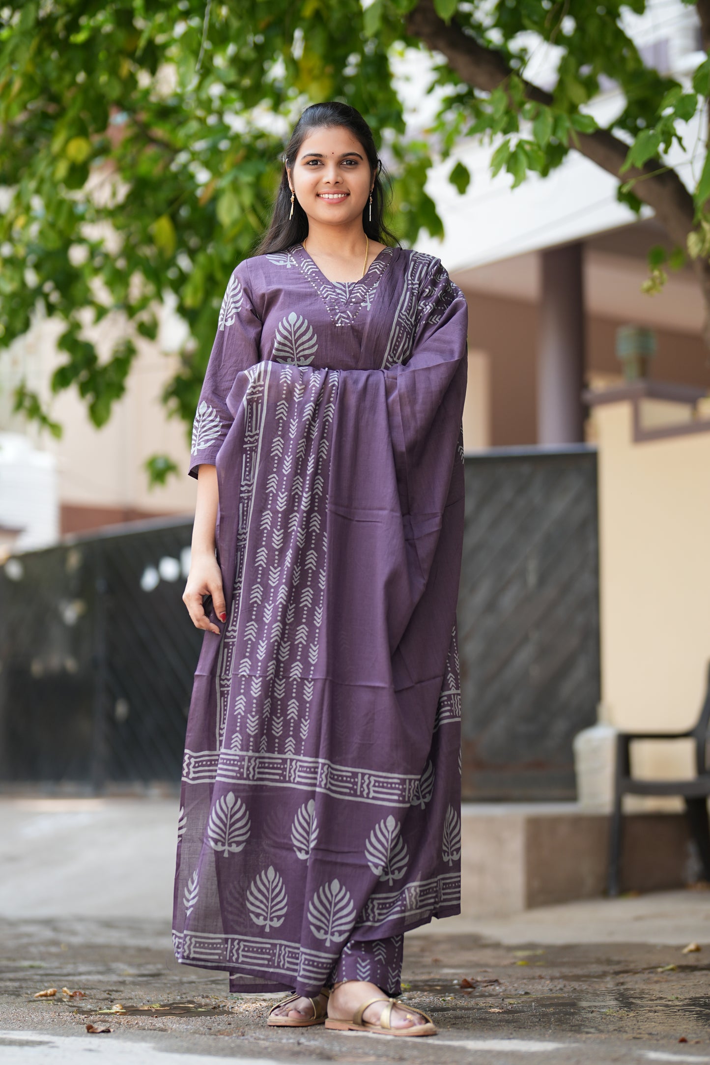 Purple Color Straight Cut V Neck Cotton 3 Piece Set