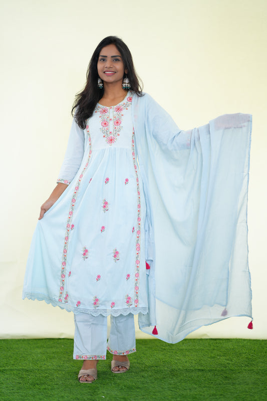 Ice Blue Color Mul Cotton 3 Piece Set With Complete Lining and Embroidery work