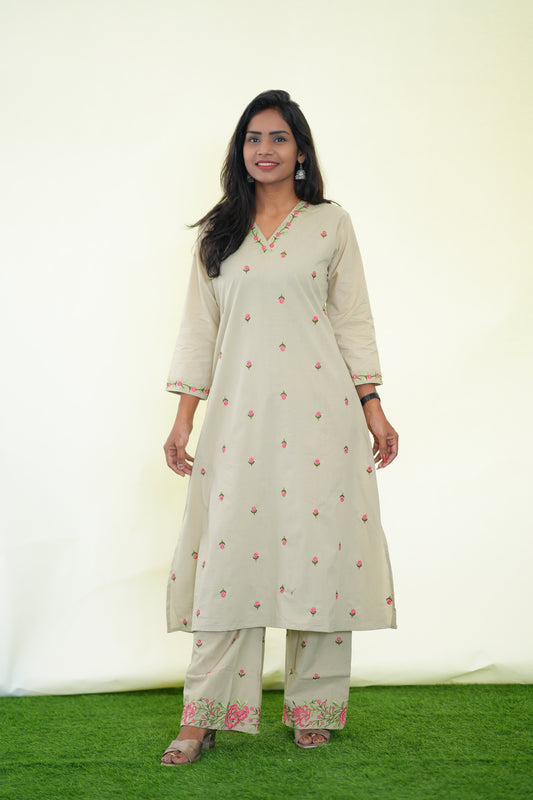 Beige Color Jaipuri Cotton Cord Set With Heavy Embroidery work