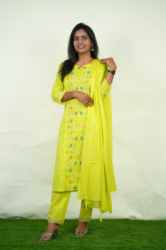 Lime Green Color Jaipur Cotton 3 Piece Set with Heavy Embroidery work