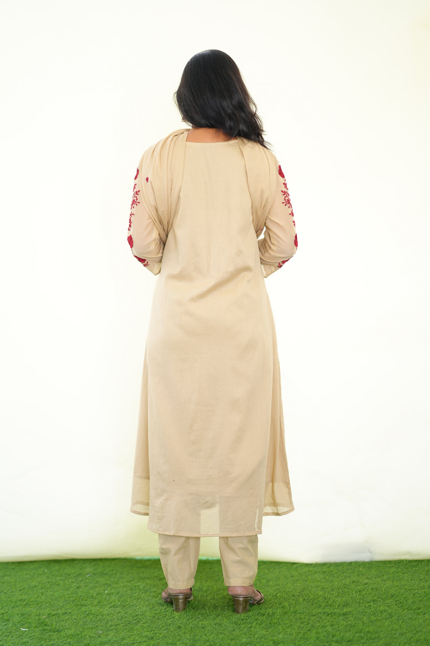Light Brown Color Mul Cotton 3 Piece Set With Embroidery work and Complete Lining