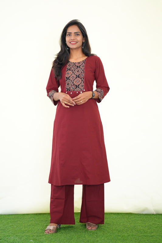 Maroon Color Jaipur Cotton Cordset With Marron Patch Work