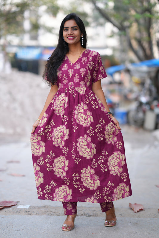 Wine Color Jaipur Cotton A Line 2 Piece Set
