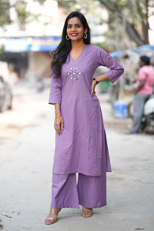Purple Color Office Wear Cord Set With Mirror Work and Palazzo Pant