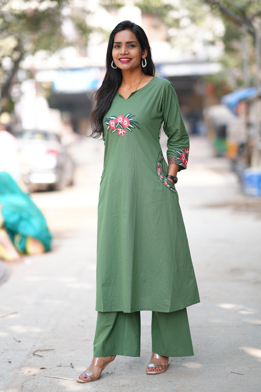 Mehendi Green Color Jaipur cotton Office Wear Cord Set With Embroidery Work