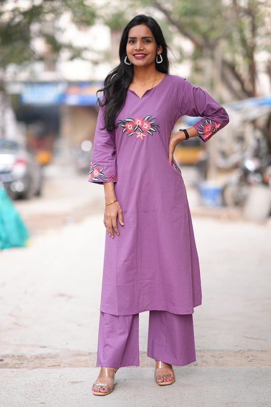 Purple Color Jaipur cotton Office Wear Cord Set With Embroidery Work