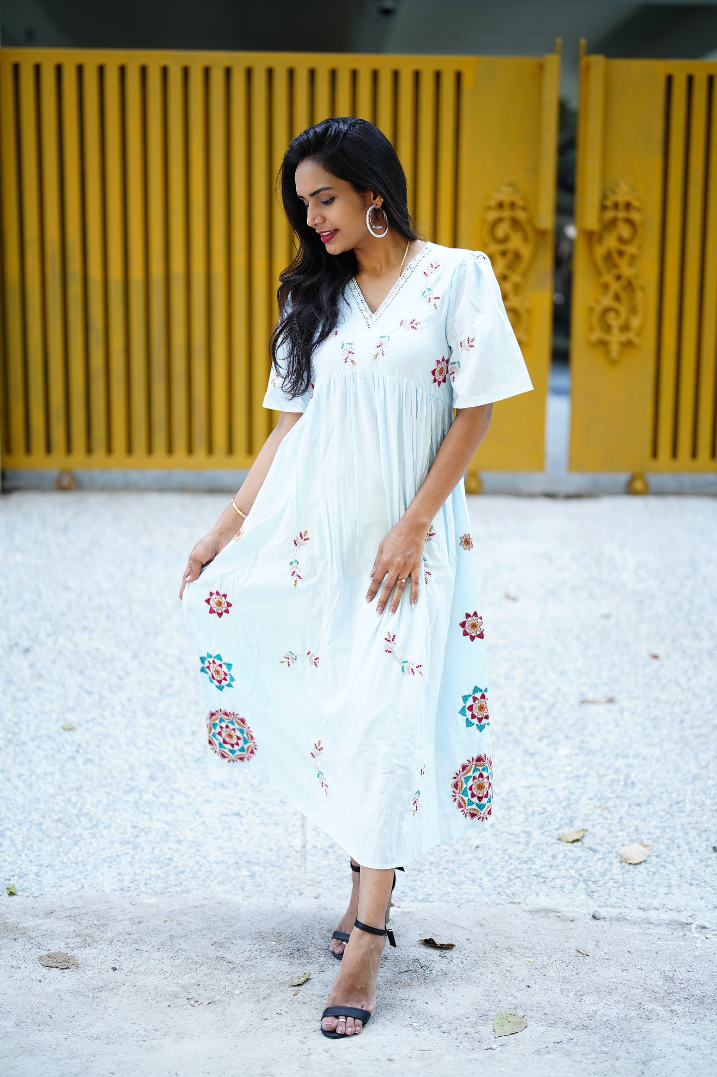 Sky Blue Color Pure Mul Mul Cotton maxi With Pocket and Complete Lining