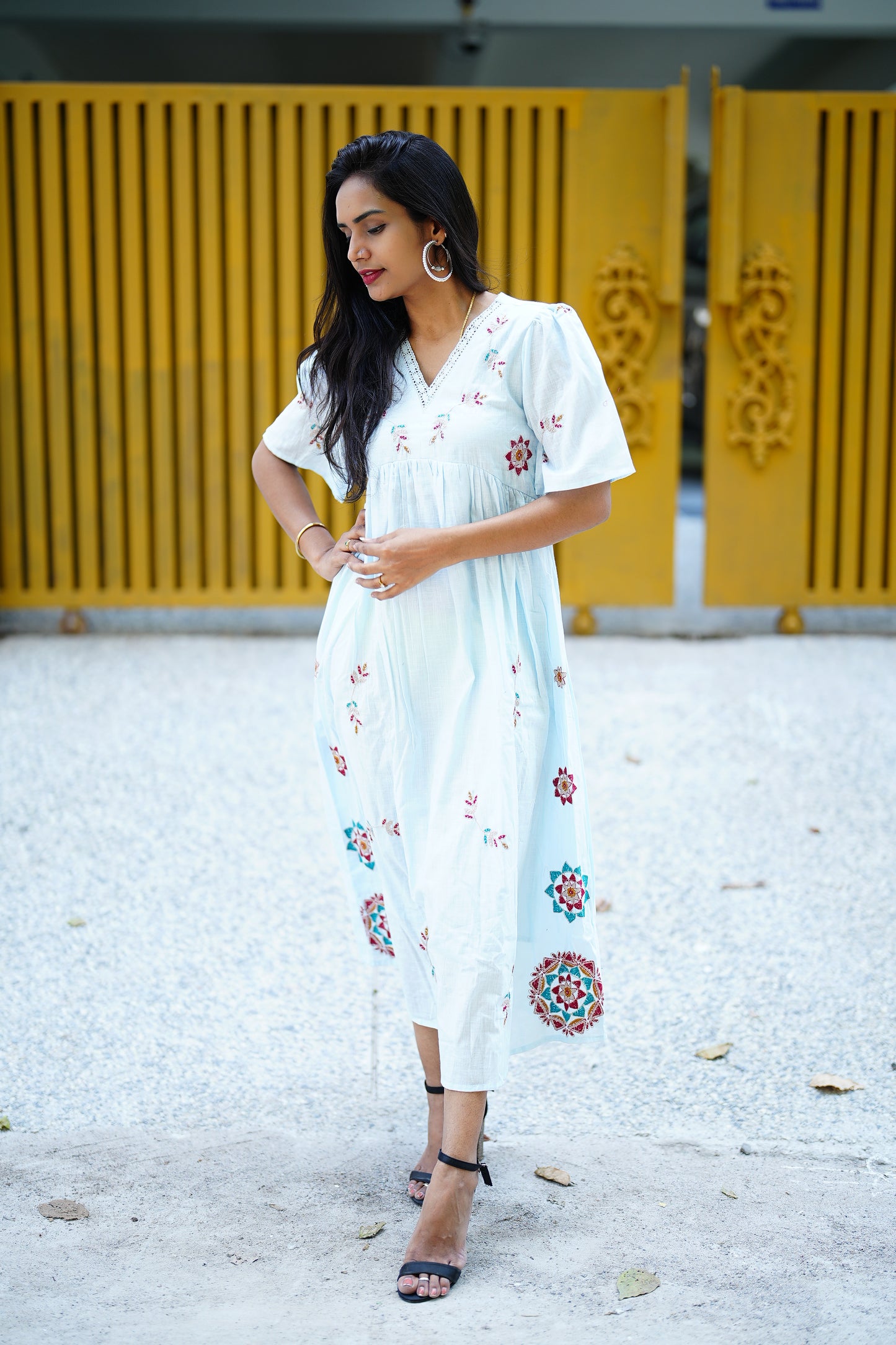Sky Blue Color Pure Mul Mul Cotton maxi With Pocket and Complete Lining