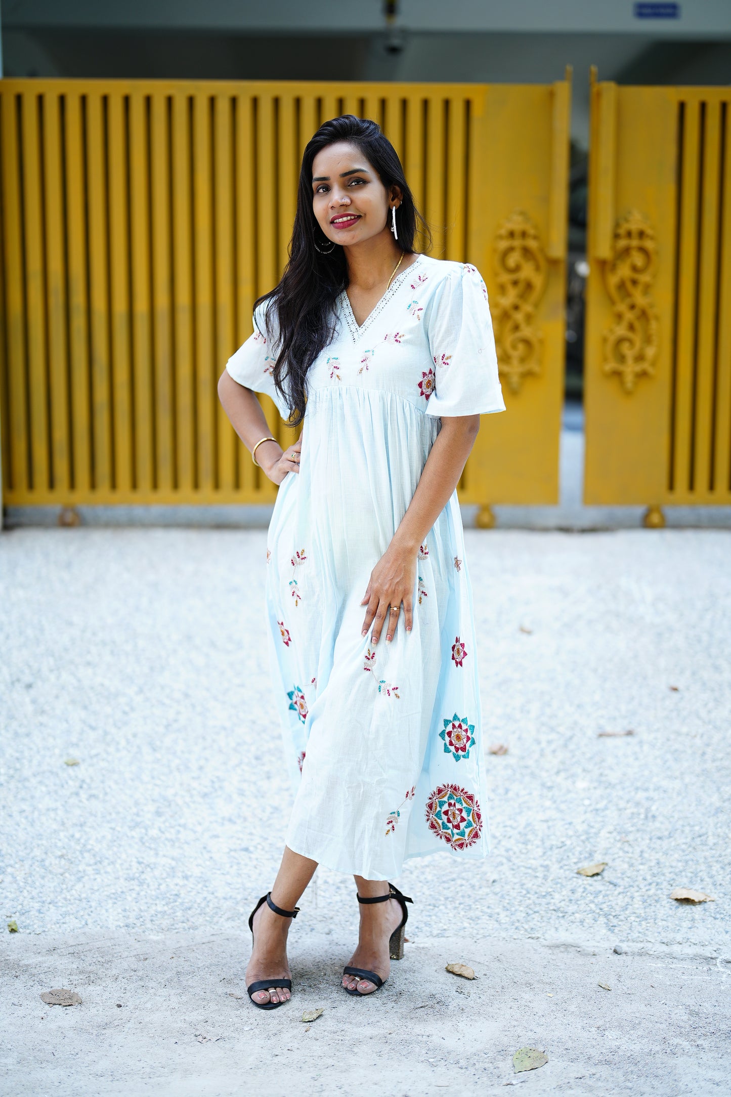 Sky Blue Color Pure Mul Mul Cotton maxi With Pocket and Complete Lining