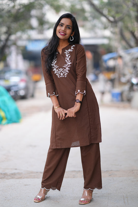 Brown Color Jaipuri Cotton Cord Set With Necklace Embroidery Work