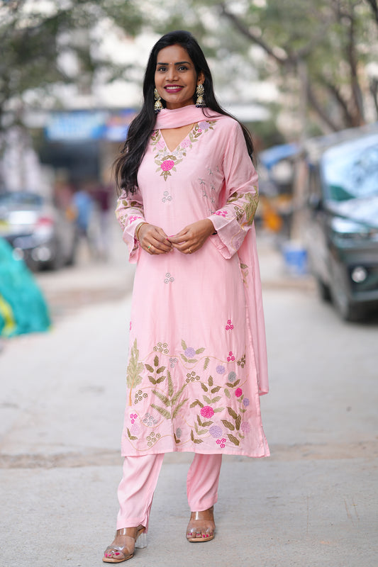 Pink Color Mul Chanderi Designer Wear 3 Piece Set