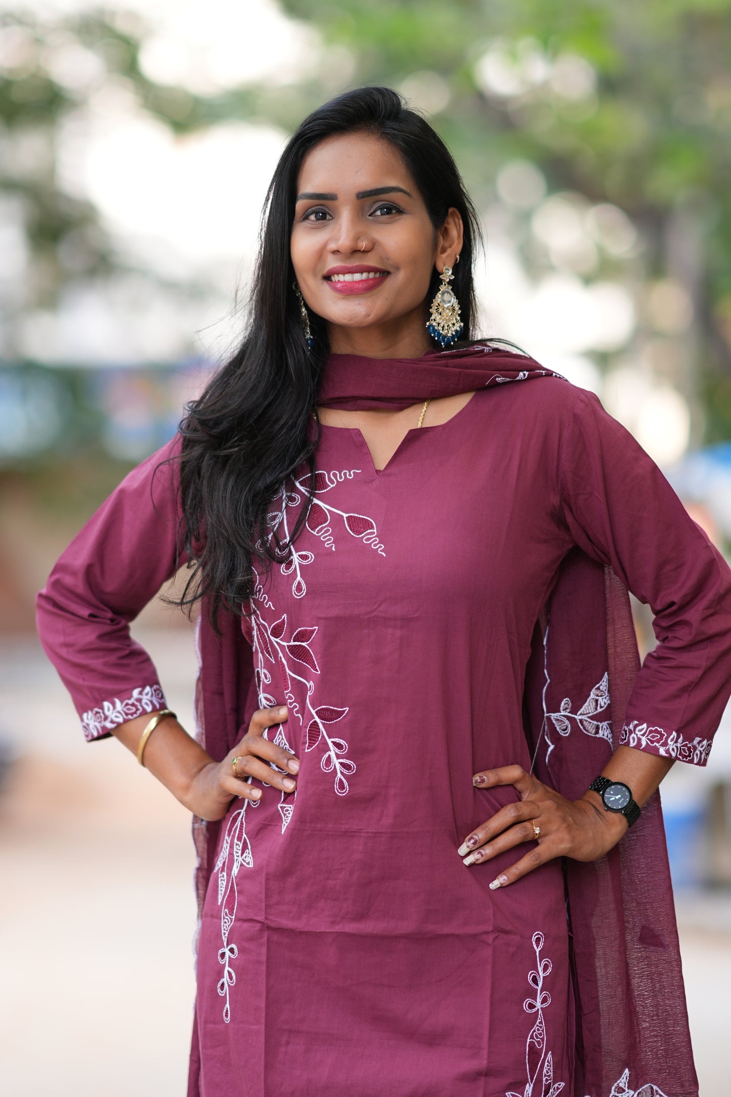 Rose Gold Color Jaipur Cotton 3 Piece Set With Thread Embroidery Work