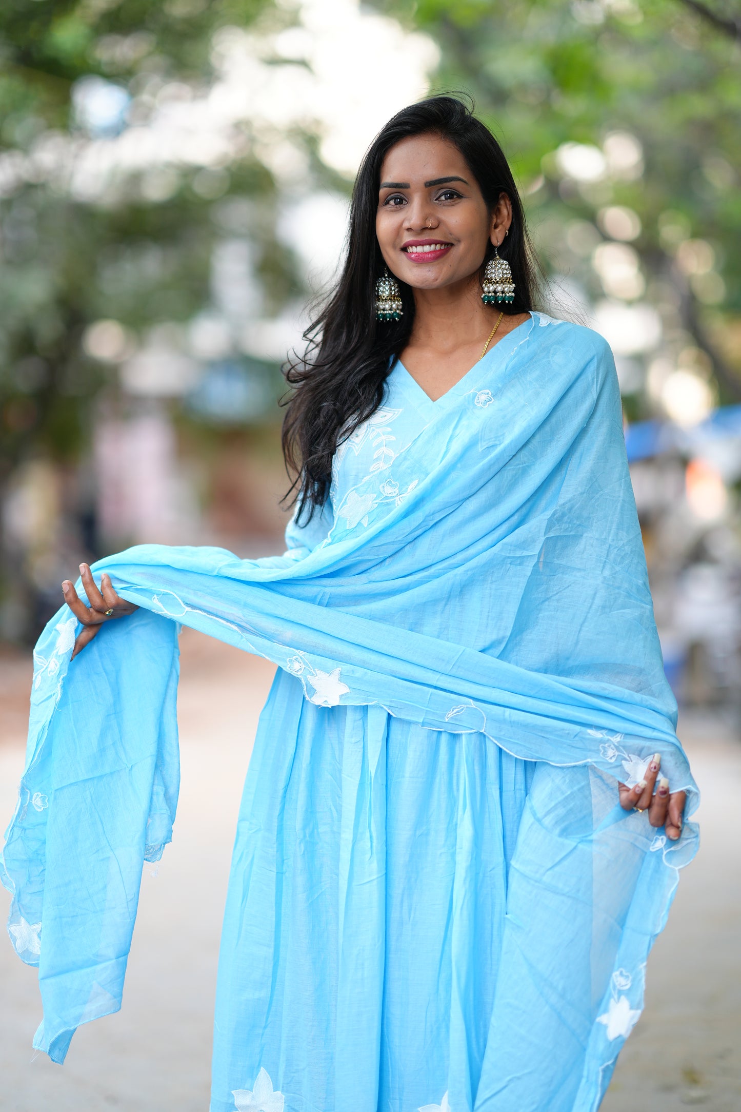 Powder Blue Pure Mul Cotton 3 Piece Set With Applique Work and Complete Lining