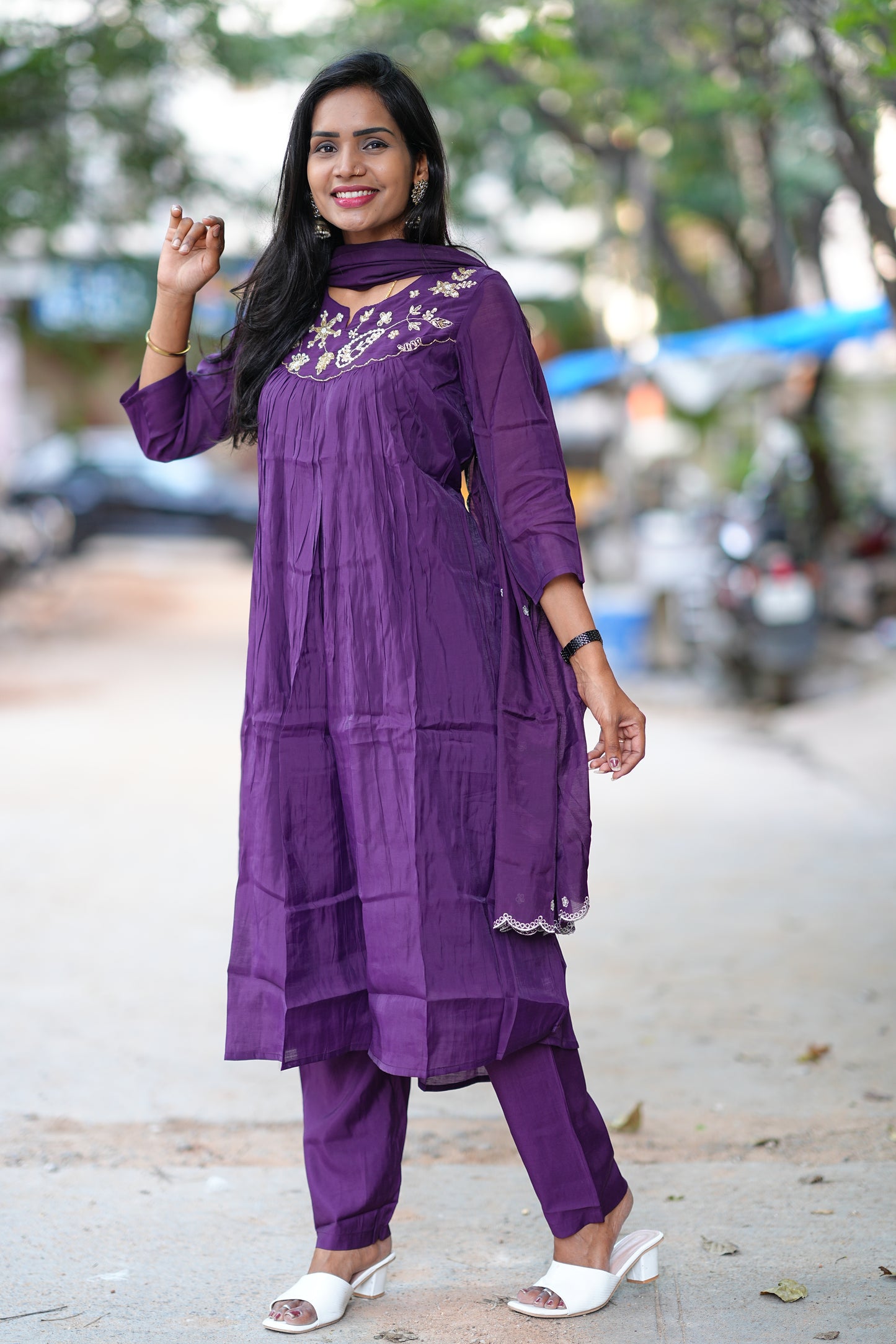 Purple Color Mul Chanderi Festive Wear Anarkali 3 Piece Set