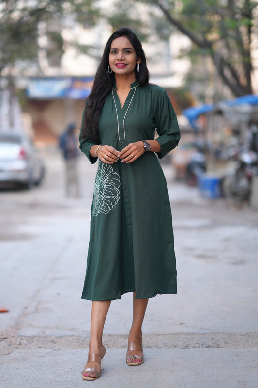 Jaipur Cotton Green Color Frock With Frock and Embroidery Work