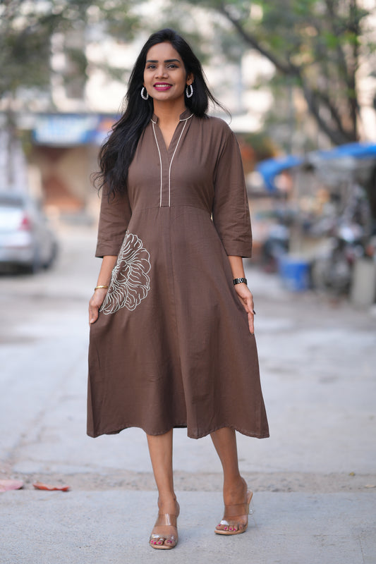Jaipur Cotton Brown Color Frock With Frock and Embroidery Work